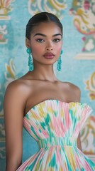 sophisticated woman in a strapless ikat-print dress featuring soft hues of blue, pink, and green, bridesmaid