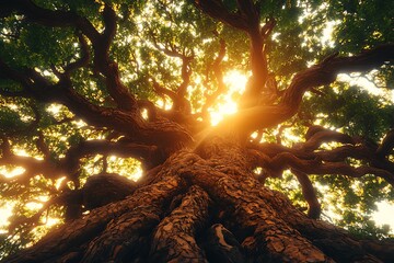 Looking upwards at a large tree trunk with sunlight filtering through