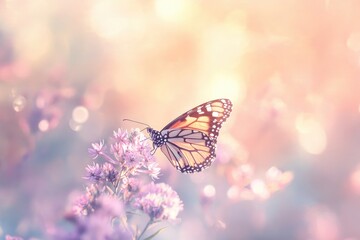 A monarch butterfly delicately rests on vibrant purple flowers, bathed in soft, warm sunlight.