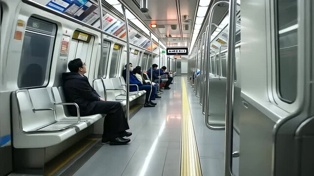 Subway train interior with seated passengers in close-up view