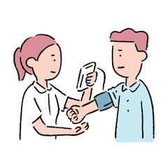 血圧を計る看護師と患者