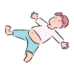 お腹を出して仰向けになる男性