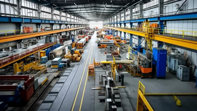 Wide-angle shot of a large industrial factory interior, showcasing machinery and equipment, resembling a video game factory level design.