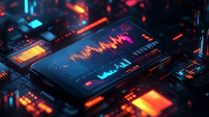 Obraz premium Futuristic Smartphone Data Interface, A futuristic digital interface with a smartphone displaying data charts and graphs