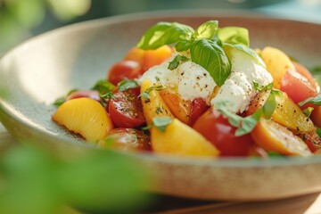 vibrant summer salad featuring juicy peach slices and heirloom cherry tomatoes, topped with creamy burrata cheese and freshly chopped basil