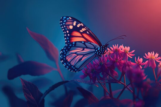 A vibrant monarch butterfly with striking orange and black wings delicately rests on a cluster of pink flowers in a dimly lit setting.