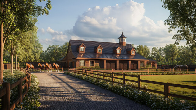 Luxury horse stable with wooden gate and scenic forest surroundings