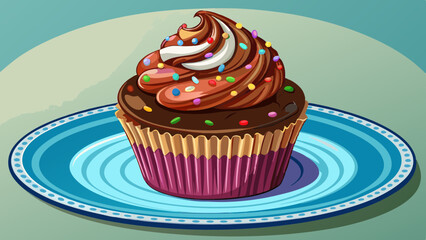 Chocolate Cupcake with Rich Frosting and Sprinkles on Porcelain Plate