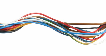 Many colorful electrical wires on white background