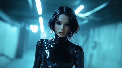 Cyberpunk style image of a woman wearing a futuristic latex bodysuit
