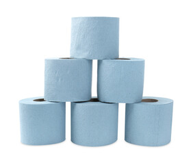 Stacked light blue toilet paper rolls isolated on white