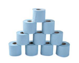 Stacked light blue toilet paper rolls isolated on white