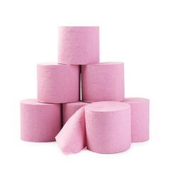 Stack of pink toilet paper rolls isolated on white