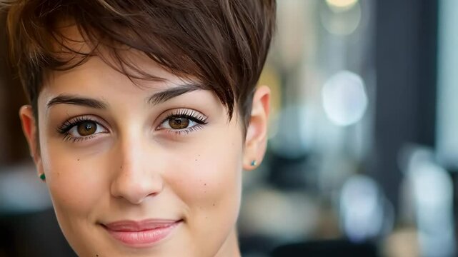 A young woman with a trendy short haircut smiling warmly in a stylish salon with a softly blurred background of lights and reflections..
