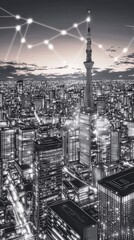 Majestic city skyline with iconic tower and web lights.