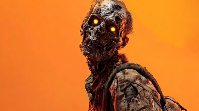 Terrifying undead zombie with glowing eyes and rotting skin, wearing a torn outfit against an orange backdrop. Perfect for horror and Halloween themes.