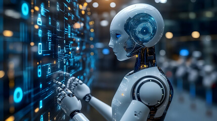 Fototapeta premium White Humanoid Robot Interacting with a Glowing Blue Digital Interface in a Factory Setting