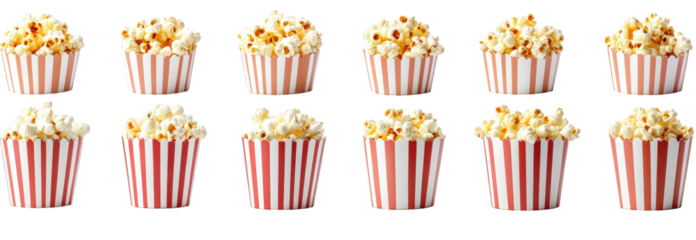 row of twelve striped popcorn containers. some filled with plain popcorn and others with caramel popcorn. arranged neatly against a white background the vibrant colors and variety suggest a fun. snack