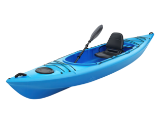 a vibrant blue kayak designed for recreational use. featuring a comfortable seat and a paddle it is ideal for outdoor activities on lakes or rivers. promoting adventure and exploration in nature