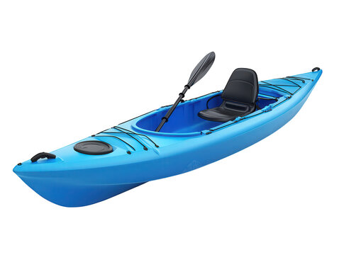 a vibrant blue kayak designed for recreational use. featuring a comfortable seat and a paddle it is ideal for outdoor activities on lakes or rivers. promoting adventure and exploration in nature