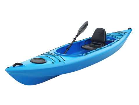 a vibrant blue kayak designed for recreational use. featuring a comfortable seat and a paddle it is ideal for outdoor activities on lakes or rivers. promoting adventure and exploration in nature