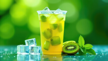 Cold kiwi drink in a plastic cup with ice and sliced kiwi fruit, over a blurred green background.
Concept of: Healthy kiwi refreshment.