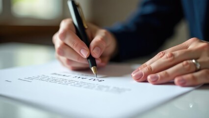 Woman signing a legal document with a pen. Concept of: Agreement signing.
