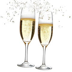 two elegant champagne flutes filled with bubbly champagne. surrounded by a sparkling effect. suggesting celebration and joy the clean. white background emphasizes the glasses. making them the focal po