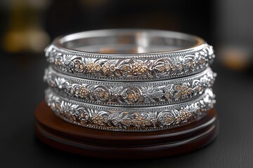 Silver Bangles Jewelry Isolated on a Cylindrical Stand with a Monochromatic Background – Elegant and Exclusive Jewelry for Women