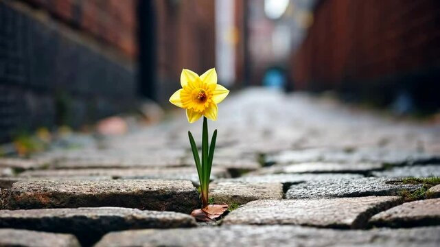 Close-up of a yellow flower growing between cobblestones, shot from a low angle, symbolizing resilience. Ideal for a motivational video theme. Live desktop wallpaper.