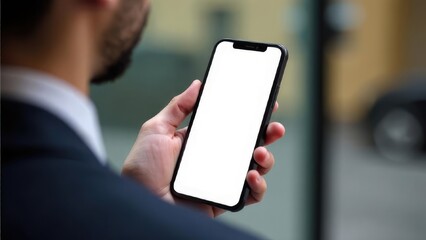 A man in a suit holds a smartphone with a blank white screen. Concept of: Mobile business. Smartphone Screen Mockup
