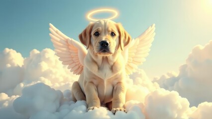 A Labrador puppy with angel wings and a halo is sitting peacefully on clouds. Concept of: Angelic pet memorial. The concept of rest in peace. Pets passing away