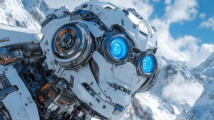 Fototapeta premium White Robot in Snowy Mountains