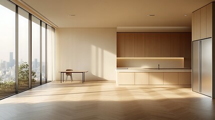 Modern Kitchen with City View, A modern kitchen with wooden cabinetry and a large window showcasing a city view