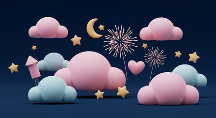 Festive Celebration with Pastel Clouds Stars Fireworks and Moon Illustration