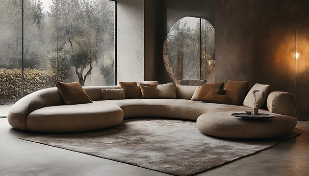 Beige Curved Sectional Sofa in Modern Living Room - Powered by Adobe