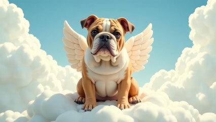 An English Bulldog angel sits on fluffy clouds against a soft blue sky. Concept of: Pet loss support. The concept of rest in peace. Pets passing away
