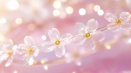 Delicate glass flowers, lights, pink background, spring decor
