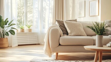Naklejka premium Beautiful minimalist living room with furniture and plants