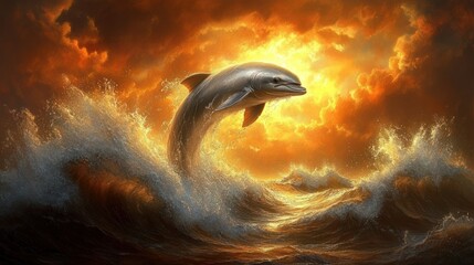 Dolphin leaping ocean waves sunset dramatic art