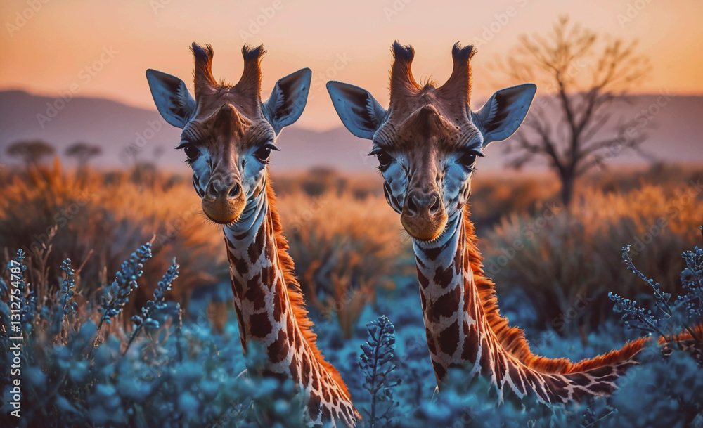 Poster two giraffes are standing in a field of tall grass. the sun is setting, casting a warm glow over the