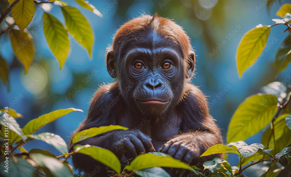 Aufkleber baby monkey is sitting on a leafy branch. the baby is looking at the camera with a curious expressio