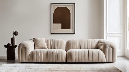 Beige Modular Sofa in Minimalist Living Room with Abstract Art