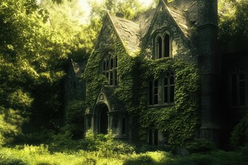Obraz premium Overgrown stone mansion, reclaimed by nature, ivy-covered walls, broken windows, mysterious atmosphere.