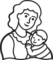mother holding a baby line art, black outline, vector and illustration, coloring book page line art drawing