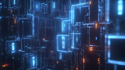 Abstract Digital Data Stream Glowing Cubes and Binary Code in Cyberspace