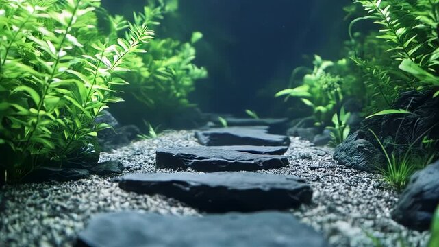 Low Angle View of Stone Pathway in Aquarium with Lush Green Plants and Fine Gravel Emitting a Tranquil and Natural Atmosphere