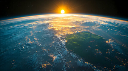 Stunning sunrise over Earth from space, showing clouds, land, and ocean.