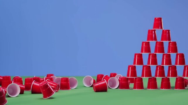 "4K Wide Shot of Fallen Red Cups Rising Back into Towers &ndash; Reverse Motion and Gravity-Defying Effect"

