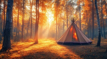 Autumn Sunrise Teepee in Foggy Forest